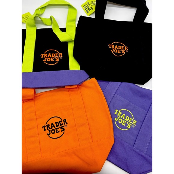 Trader Joe Halloween Mini Canvas Tote Bag 2025 Set Orange Green Purple Black New - Picture 2 of 6
